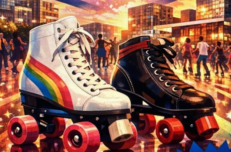 Rolschaatsers van verschillende leeftijden op het Esplanade-plein in Almere tijdens het jubileumfeest Rollend Verleden, Rollende Toekomst